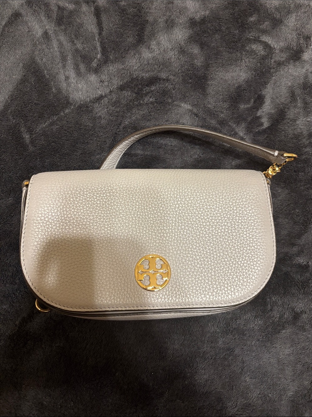 Tory Burch Pebbled Light Gray Leather Crossbody with Gold Logo